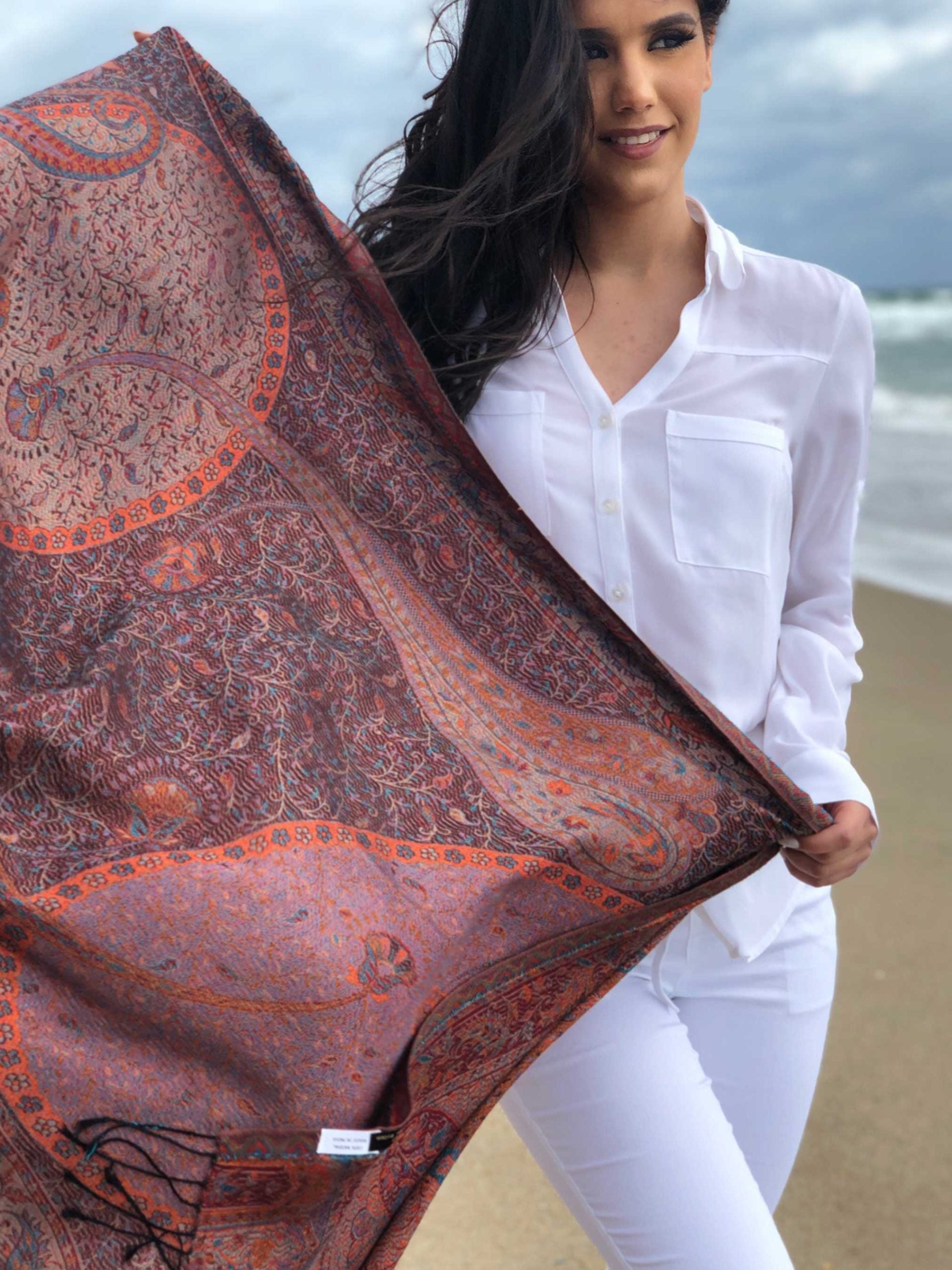 Burgundy Pashmina Scarf - Reversible Jamawar Luxury Accessory - Rosetta Creative Boutique